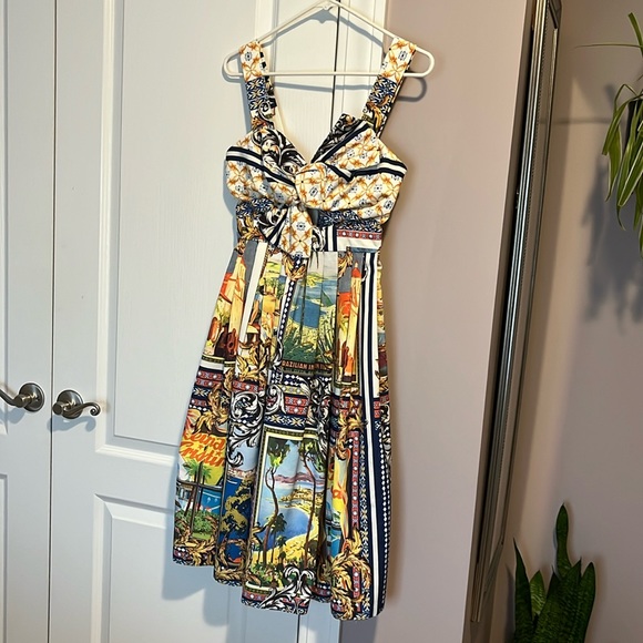 NWT ASOS Linen Bow Detail Cut Out Skater Dress in Postcard Print size 2 - Picture 3 of 13